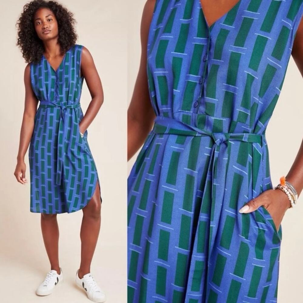 Anthropologie Blue and Green Geometric Midi Dress
